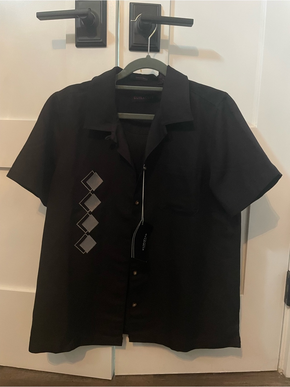 Ultrawave Black Short-Sleeve Button-Down Shirt with Diamond Accent